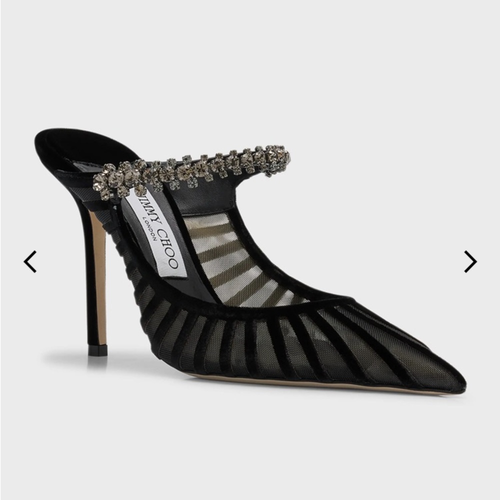 Jimmy Choo black velvet/mesh crystal strap mule pumps